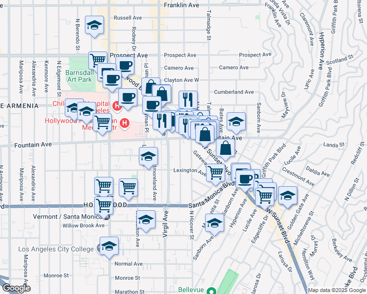 map of restaurants, bars, coffee shops, grocery stores, and more near 1256 1/2 North Commonwealth Avenue in Los Angeles