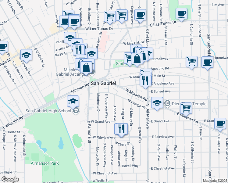 map of restaurants, bars, coffee shops, grocery stores, and more near 329 West Orange Street in San Gabriel