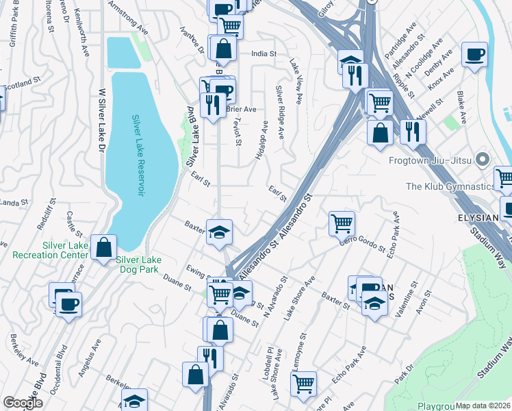 map of restaurants, bars, coffee shops, grocery stores, and more near 2262 Fair Oak View Terrace in Los Angeles
