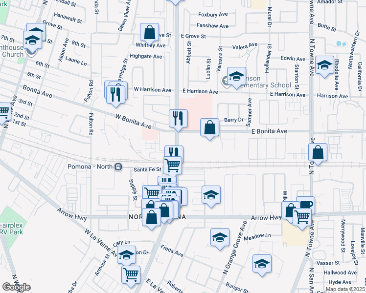 map of restaurants, bars, coffee shops, grocery stores, and more near 2720 North Garey Avenue in Pomona