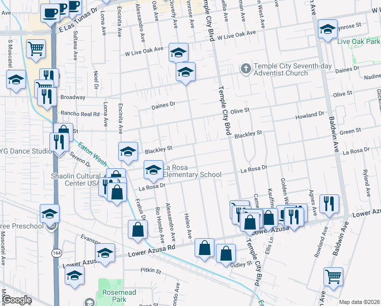 map of restaurants, bars, coffee shops, grocery stores, and more near 9465 Pentland Street in Temple City