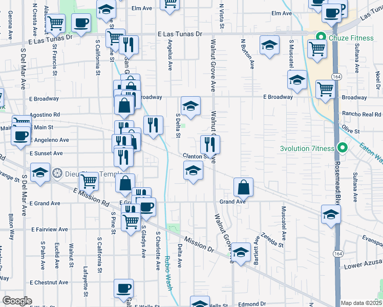 map of restaurants, bars, coffee shops, grocery stores, and more near 8417 Clanton Street in San Gabriel