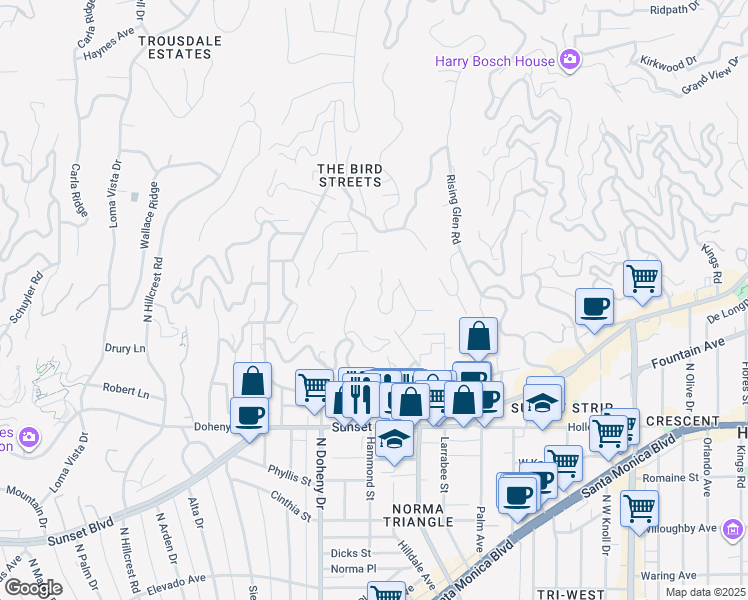 map of restaurants, bars, coffee shops, grocery stores, and more near 1433 Devlin Drive in Los Angeles