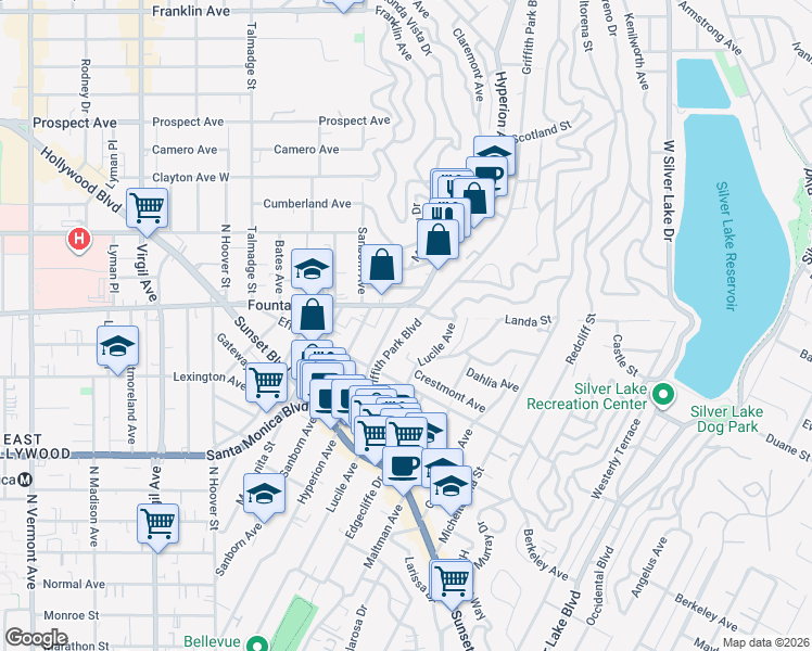 map of restaurants, bars, coffee shops, grocery stores, and more near 1762 Griffith Park Boulevard in Los Angeles