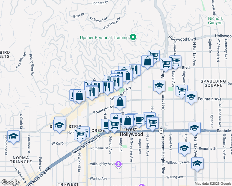 map of restaurants, bars, coffee shops, grocery stores, and more near 8404 Sunset Boulevard in Los Angeles