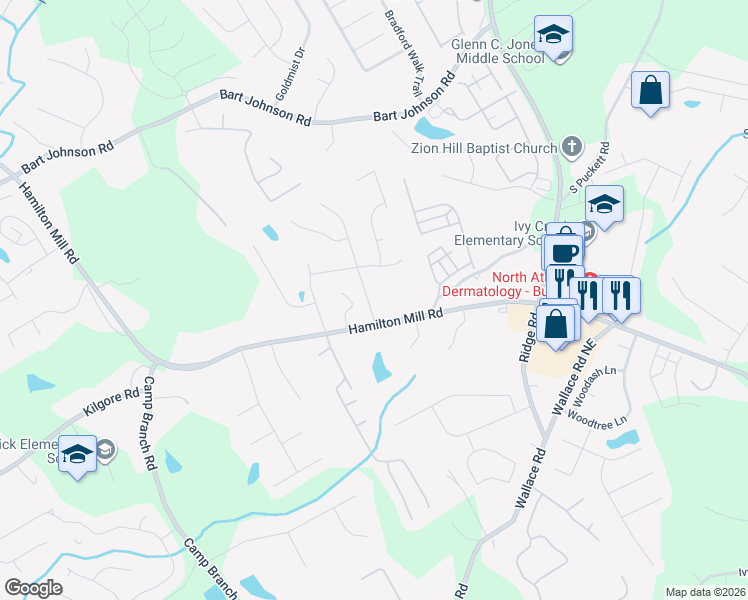 map of restaurants, bars, coffee shops, grocery stores, and more near 3444 Reed Mill Drive in Buford