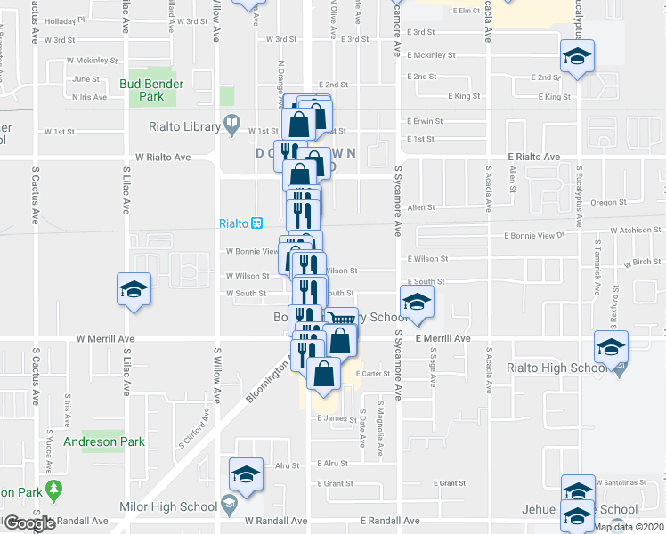 map of restaurants, bars, coffee shops, grocery stores, and more near 132A East Wilson Street in Rialto