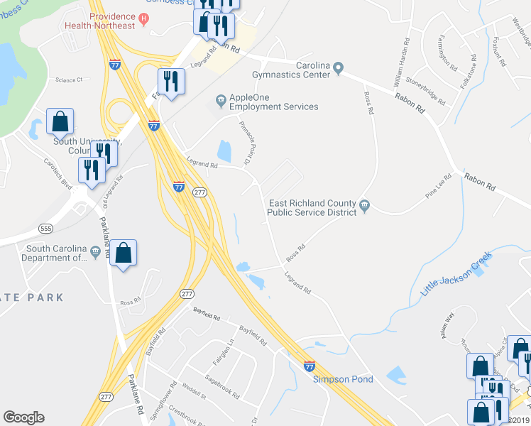 map of restaurants, bars, coffee shops, grocery stores, and more near 2048 Legrand Road in Columbia