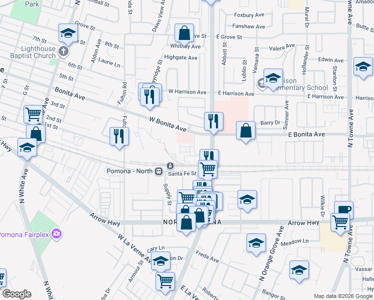 map of restaurants, bars, coffee shops, grocery stores, and more near 2717 Nash Court in Pomona