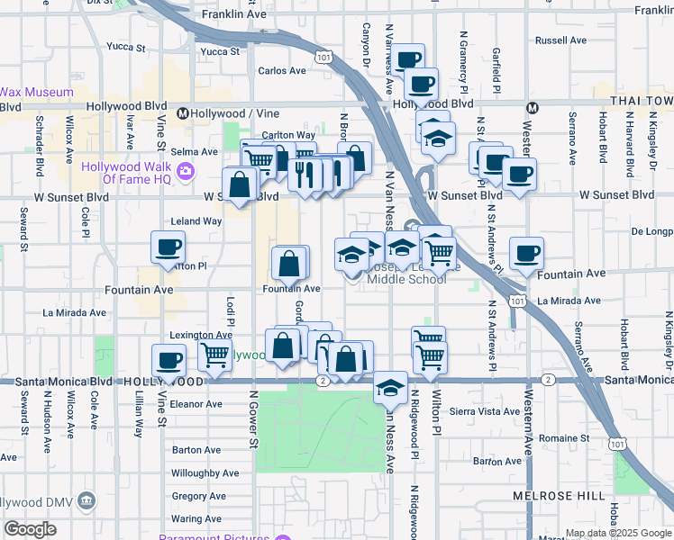 map of restaurants, bars, coffee shops, grocery stores, and more near 1323 North Bronson Avenue in Los Angeles