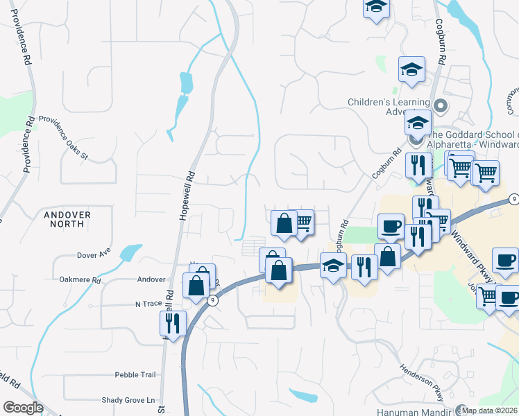 map of restaurants, bars, coffee shops, grocery stores, and more near 2335 Cogburn Ridge Road in Alpharetta