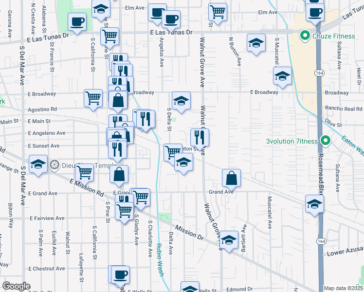 map of restaurants, bars, coffee shops, grocery stores, and more near 8417 Clanton Street in San Gabriel