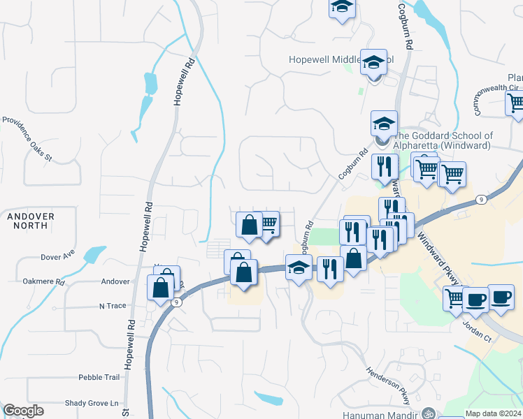 map of restaurants, bars, coffee shops, grocery stores, and more near 2440 Lunetta Lane in Alpharetta