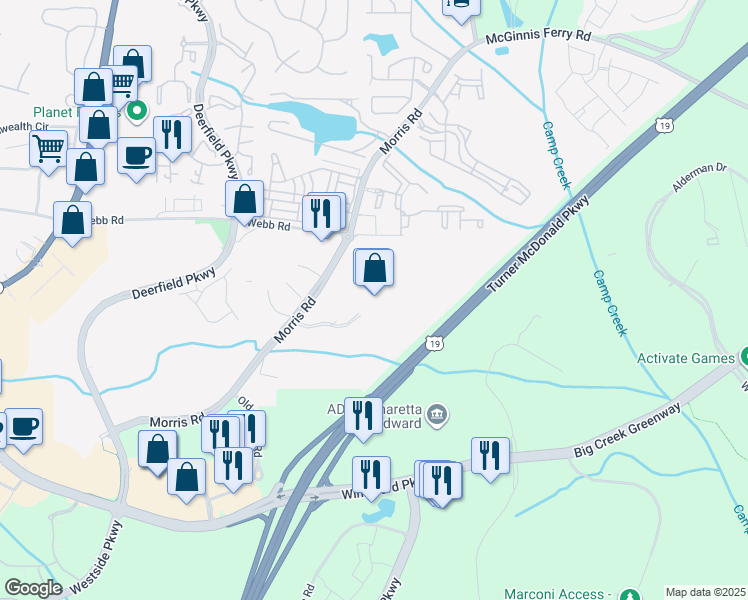 map of restaurants, bars, coffee shops, grocery stores, and more near 13560 Morris Road in Alpharetta