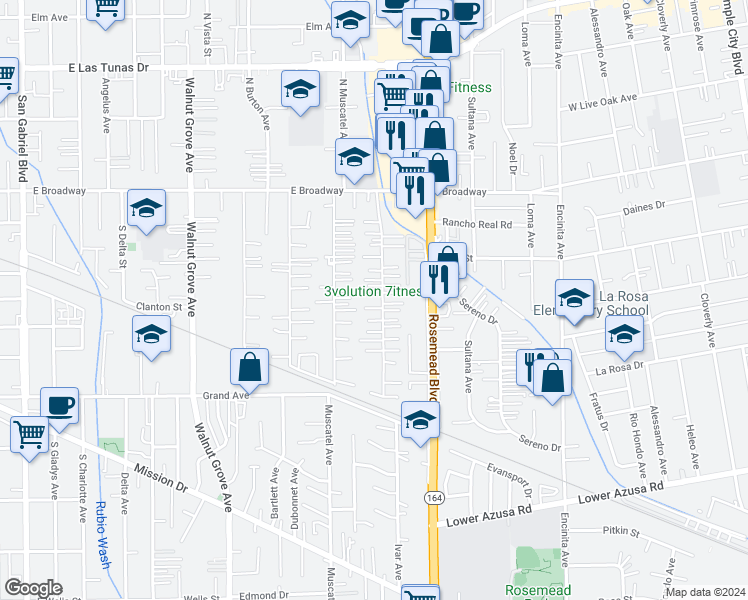 map of restaurants, bars, coffee shops, grocery stores, and more near 5143 Acacia Street in San Gabriel