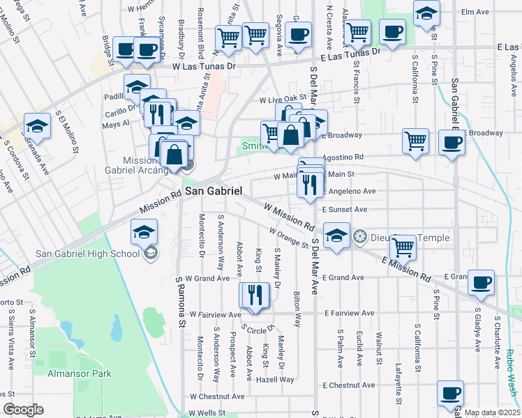 map of restaurants, bars, coffee shops, grocery stores, and more near 232 West Mission Road in San Gabriel