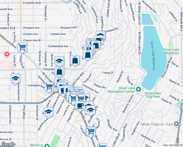 map of restaurants, bars, coffee shops, grocery stores, and more near 1850 Lucile Avenue in Los Angeles