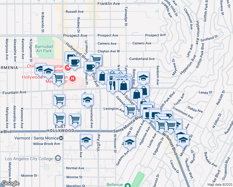 map of restaurants, bars, coffee shops, grocery stores, and more near 4335 Gateway Avenue in Los Angeles