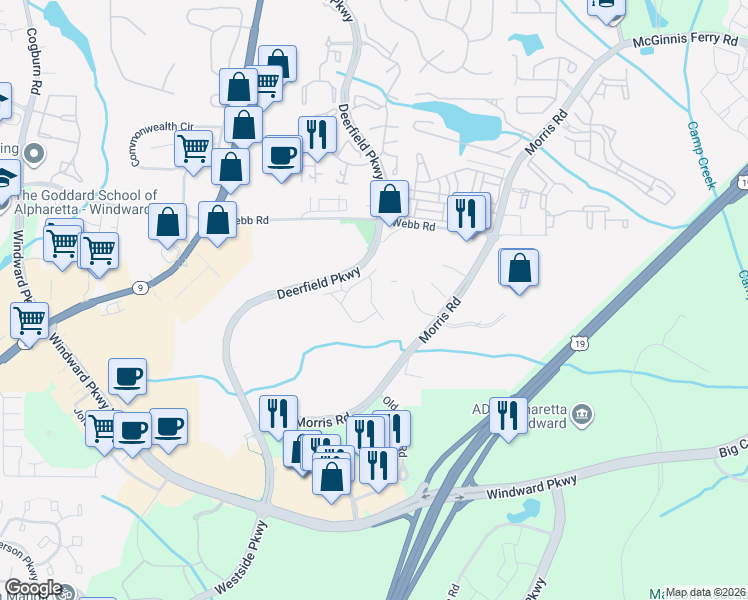 map of restaurants, bars, coffee shops, grocery stores, and more near 12793 Doe Drive in Alpharetta
