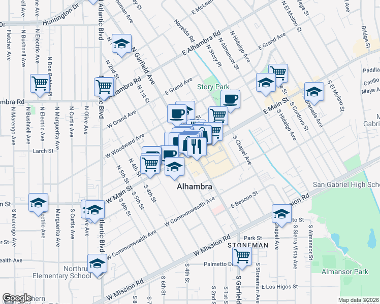 map of restaurants, bars, coffee shops, grocery stores, and more near 11 West Main Street in Alhambra