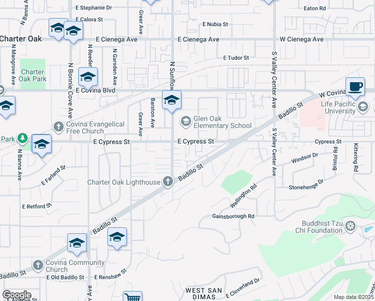 map of restaurants, bars, coffee shops, grocery stores, and more near 21052 East Cypress Street in Covina