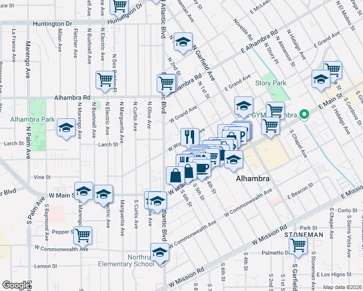 map of restaurants, bars, coffee shops, grocery stores, and more near 408 West Woodward Avenue in Alhambra