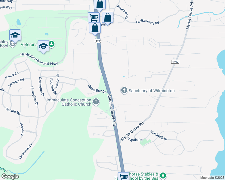 map of restaurants, bars, coffee shops, grocery stores, and more near 6685 Carolina Beach Road in Wilmington