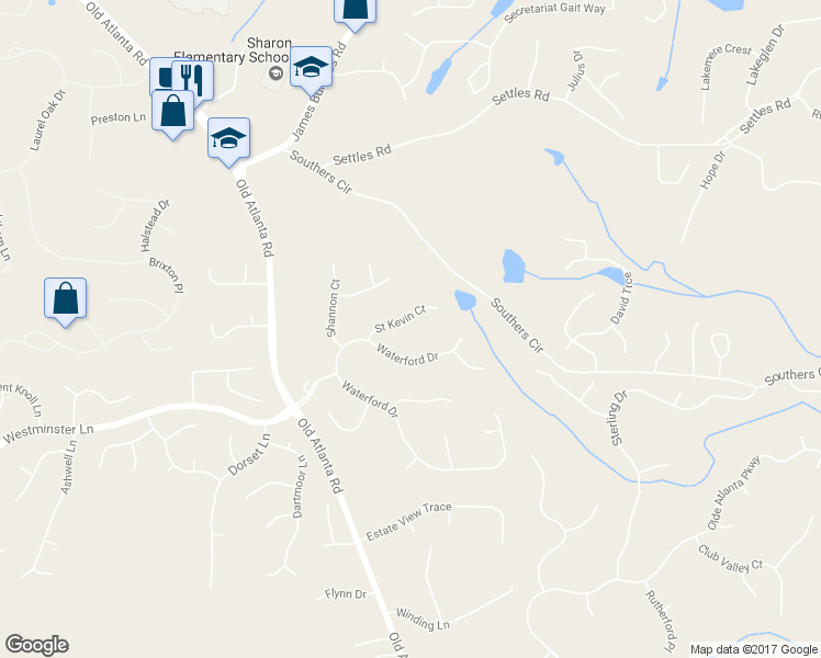 map of restaurants, bars, coffee shops, grocery stores, and more near 4650 Saint Kevin Court in Suwanee