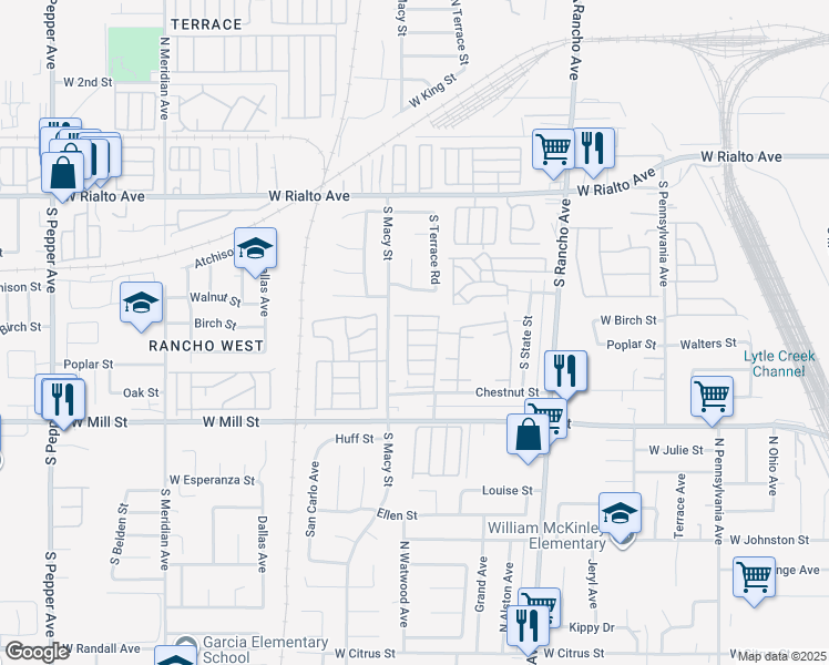 map of restaurants, bars, coffee shops, grocery stores, and more near 2250 West Chestnut Street in Colton