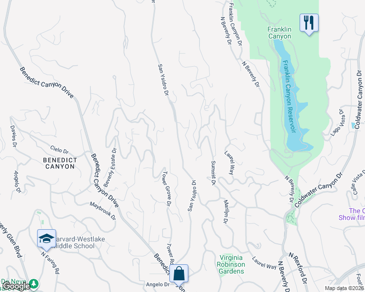 map of restaurants, bars, coffee shops, grocery stores, and more near 1318 San Ysidro Drive in Beverly Hills