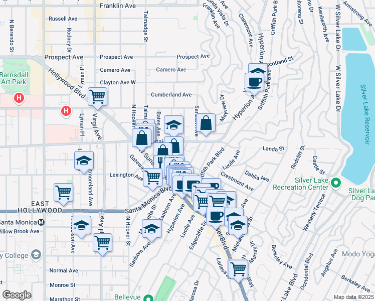 map of restaurants, bars, coffee shops, grocery stores, and more near 1226 Manzanita Street in Los Angeles
