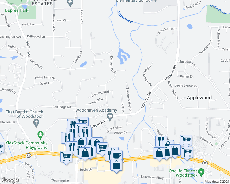 map of restaurants, bars, coffee shops, grocery stores, and more near 641 Dahoma Trail in Woodstock