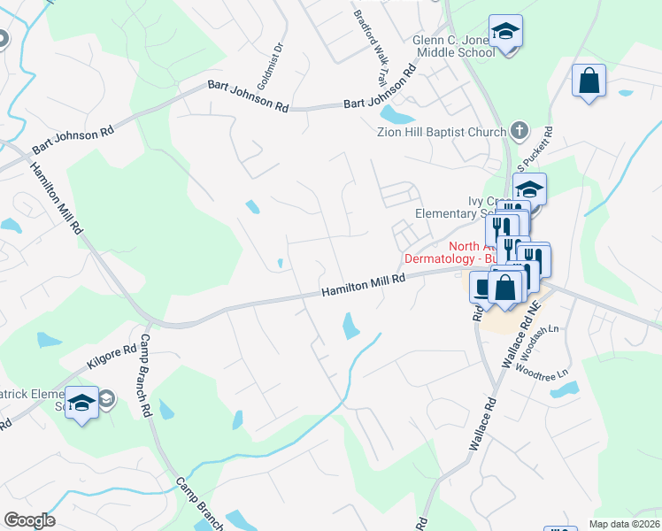 map of restaurants, bars, coffee shops, grocery stores, and more near 3444 Reed Mill Drive in Buford