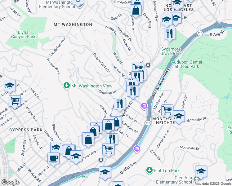 map of restaurants, bars, coffee shops, grocery stores, and more near 4216 Glenalbyn Drive in Los Angeles