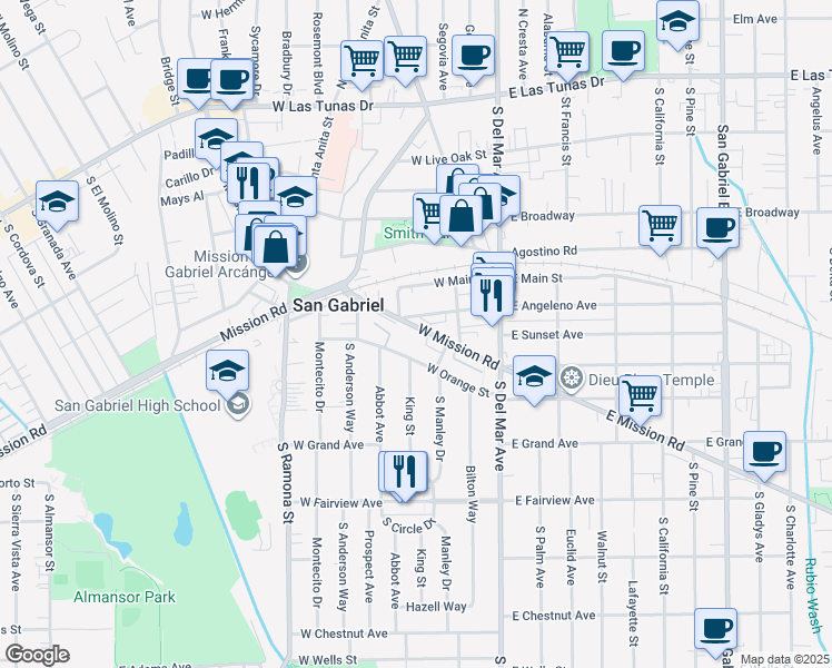 map of restaurants, bars, coffee shops, grocery stores, and more near 232 West Mission Road in San Gabriel