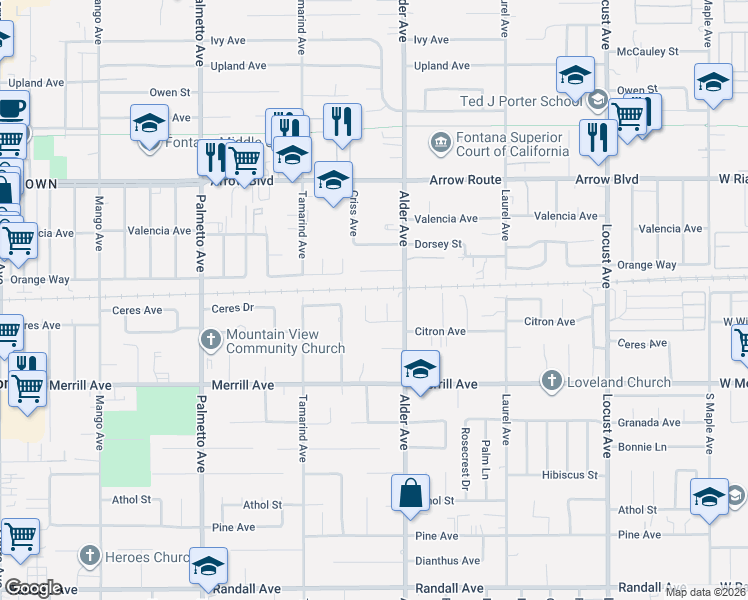 map of restaurants, bars, coffee shops, grocery stores, and more near 8725 Boxwood Court in Fontana