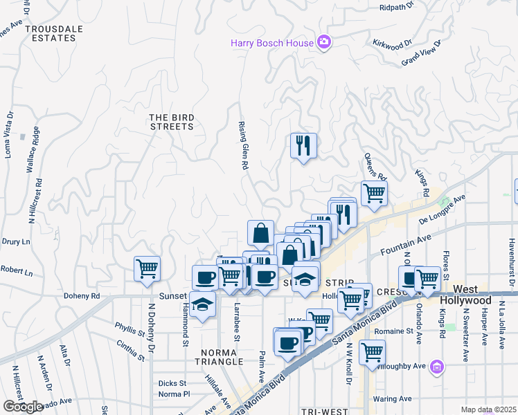 map of restaurants, bars, coffee shops, grocery stores, and more near 1301 Sunset Plaza Drive in Los Angeles
