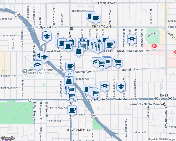 map of restaurants, bars, coffee shops, grocery stores, and more near 5335 Fountain Avenue in Los Angeles