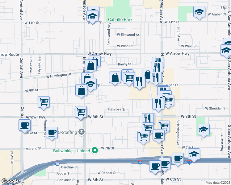 map of restaurants, bars, coffee shops, grocery stores, and more near 1452 West 9th Street in Upland