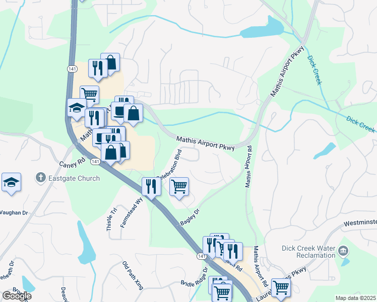 map of restaurants, bars, coffee shops, grocery stores, and more near 3220 Celebration Boulevard in Suwanee
