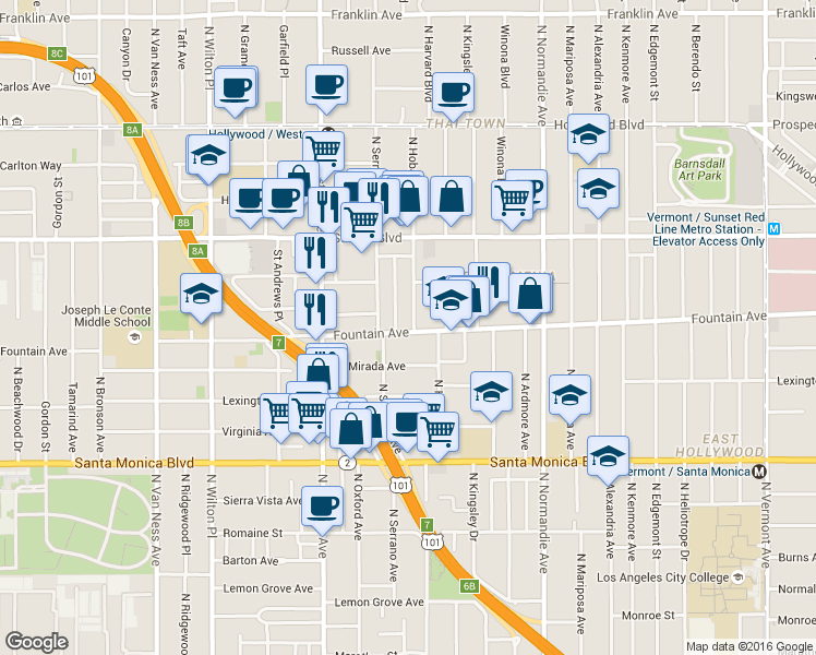 map of restaurants, bars, coffee shops, grocery stores, and more near 5329 Fountain Avenue in Los Angeles