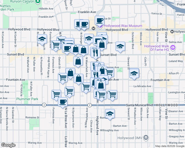 map of restaurants, bars, coffee shops, grocery stores, and more near 1326 North Citrus Avenue in Los Angeles