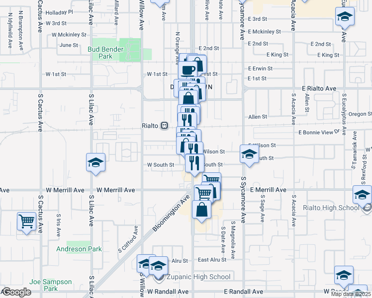 map of restaurants, bars, coffee shops, grocery stores, and more near 342 South Riverside Avenue in Rialto