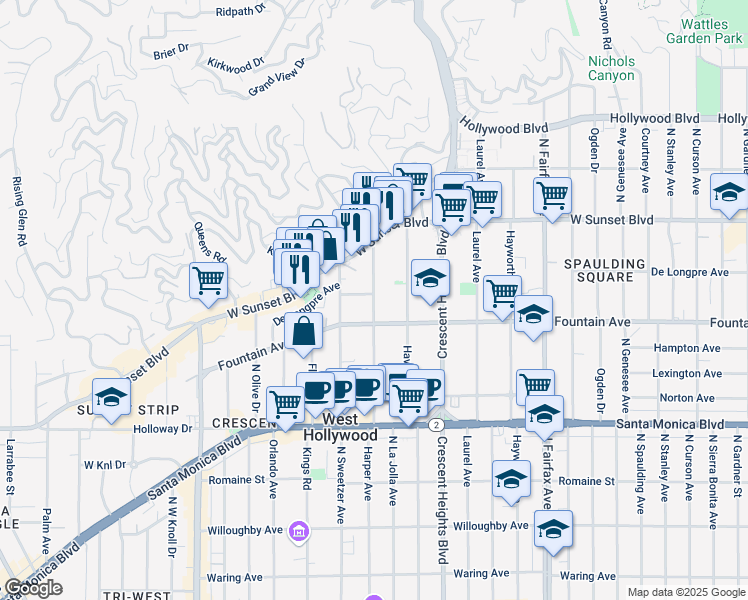 map of restaurants, bars, coffee shops, grocery stores, and more near 8277 Fountain Avenue in West Hollywood