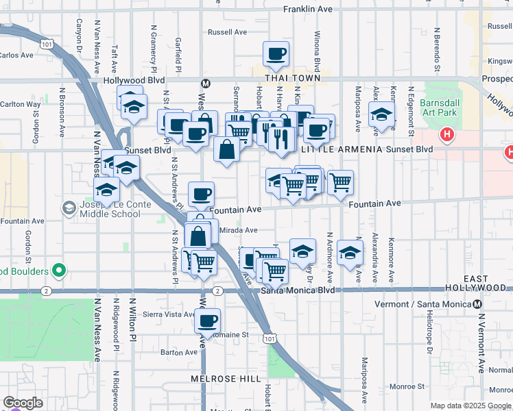 map of restaurants, bars, coffee shops, grocery stores, and more near 5329 Fountain Avenue in Los Angeles