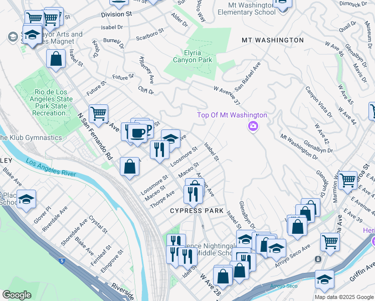 map of restaurants, bars, coffee shops, grocery stores, and more near 3415 Loosmore Street in Los Angeles