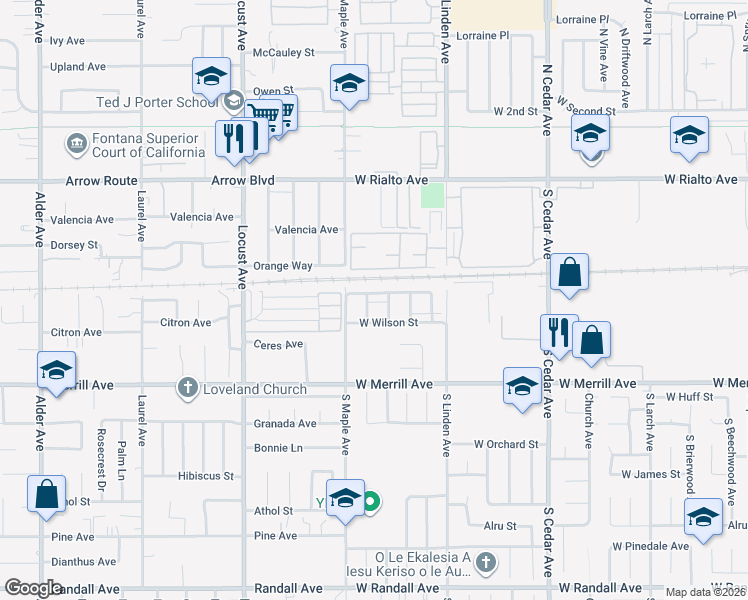 map of restaurants, bars, coffee shops, grocery stores, and more near 354 South Forest Avenue in Rialto