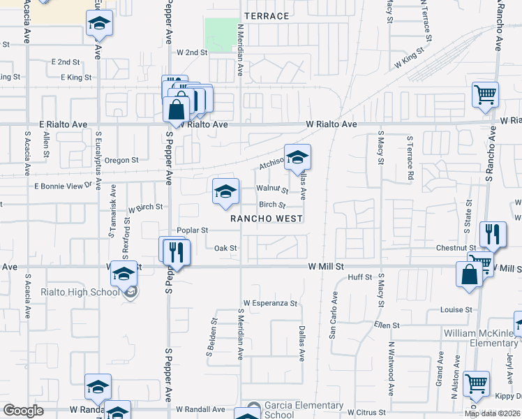 map of restaurants, bars, coffee shops, grocery stores, and more near 356 South Marvin Drive in San Bernardino