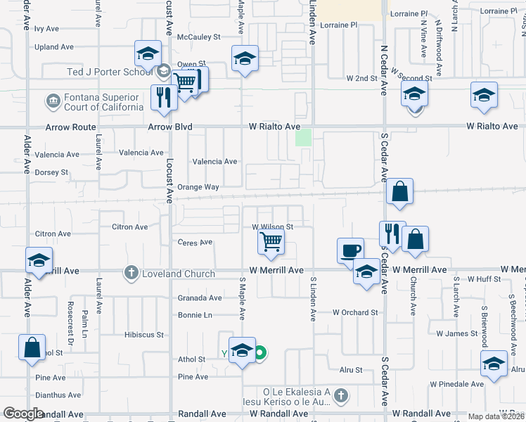 map of restaurants, bars, coffee shops, grocery stores, and more near 354 South Forest Avenue in Rialto