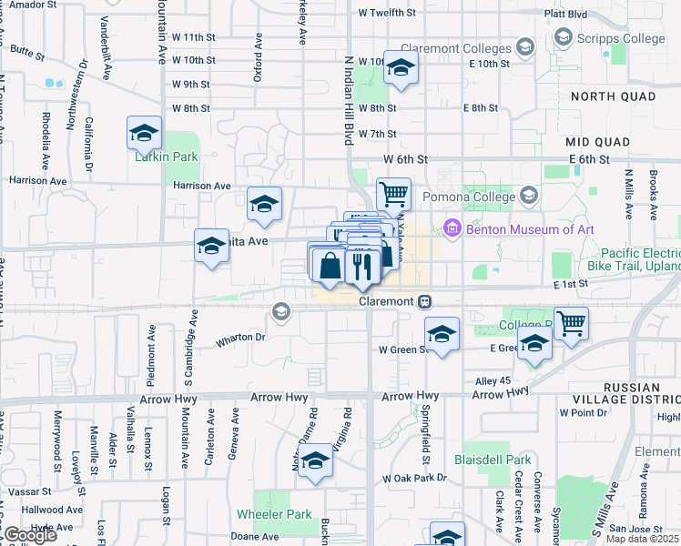 map of restaurants, bars, coffee shops, grocery stores, and more near 175 North Indian Hill Boulevard in Claremont